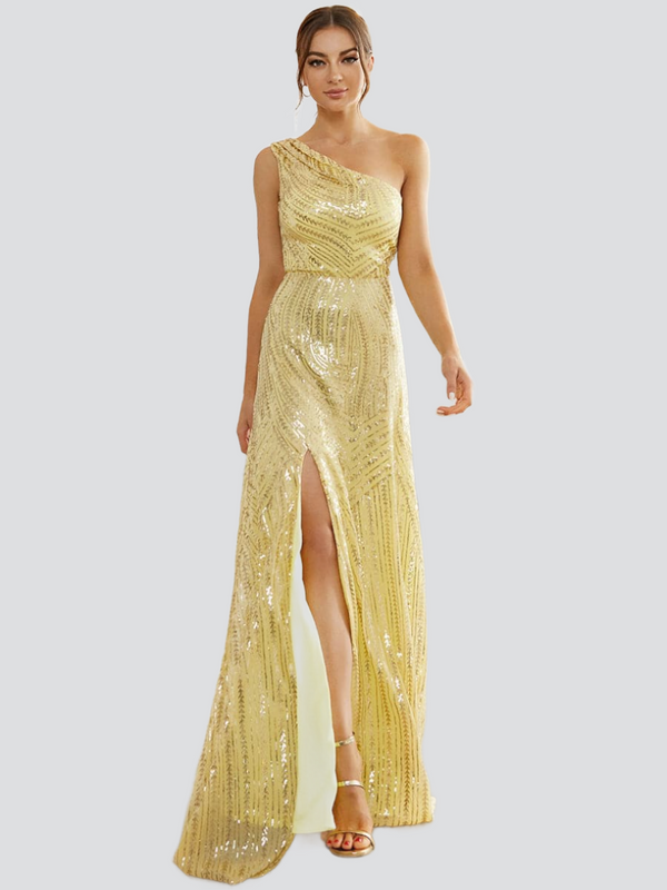 A Line Yellow Sequin One Shoulder Off Prom Dress