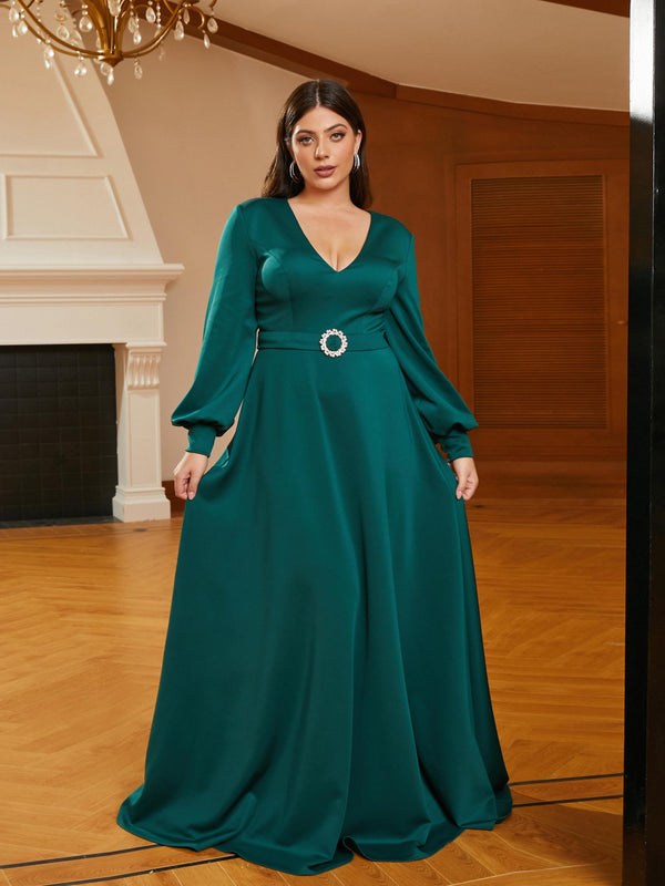 Plus Size V-neck A-line Belt Green Wedding Guest Dress PRM20854