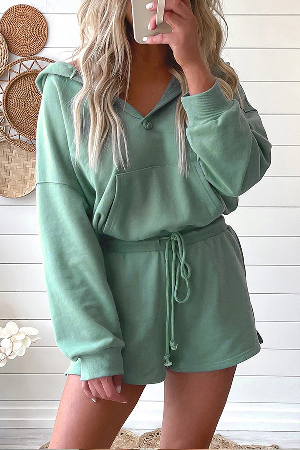 Blue French Terry Hoodie Two Piece Shorts Set