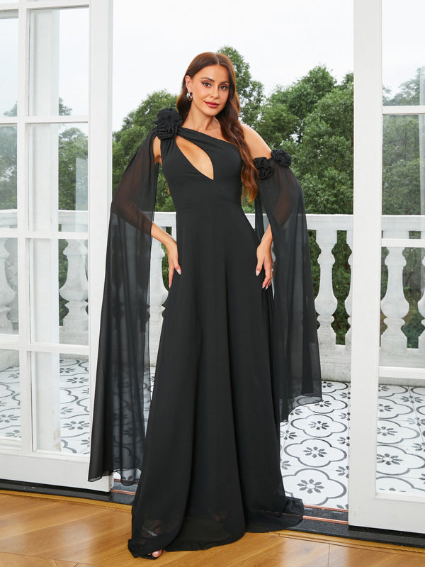 Cutout Cape Sleeve Black Prom Dress RM20990