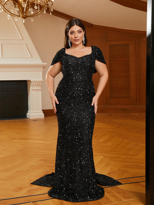 Plus Size Mermaid Black Sequin Evening Dress PRJ10981