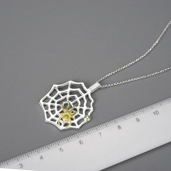 925 Sterling Silver Necklace Charm Jewelry - Hunting Spider and Web Pendant