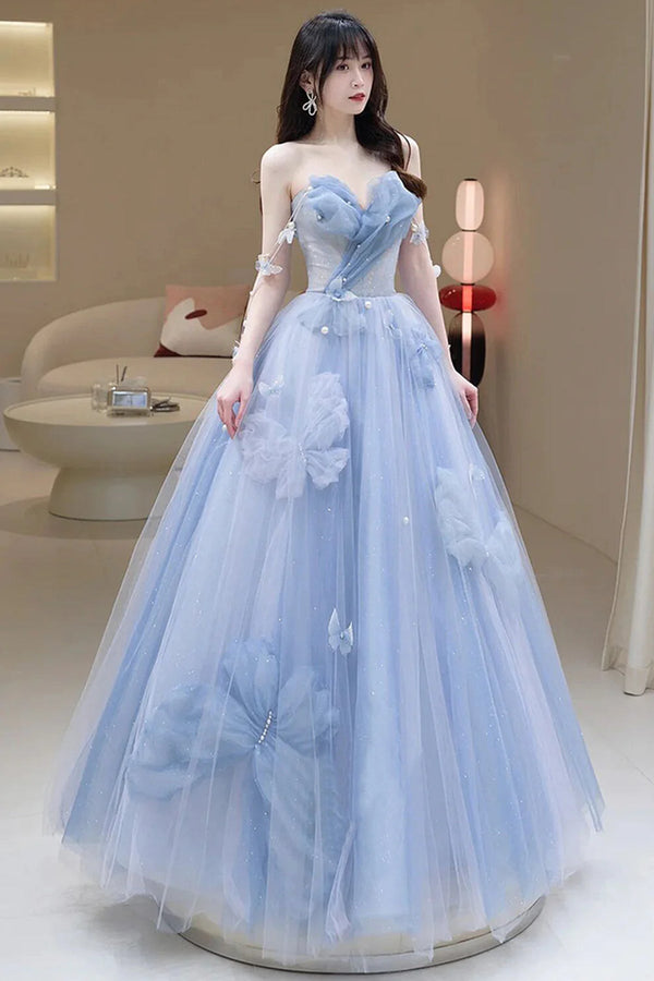 Blue Tulle Long Prom Dress, Strapless Long Blue Beaded Tulle Formal Evening Dresses