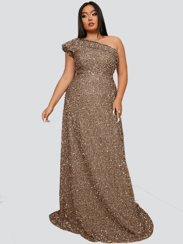 Plus Size One Shoulder A-Line Sequin Floor Evening Dress