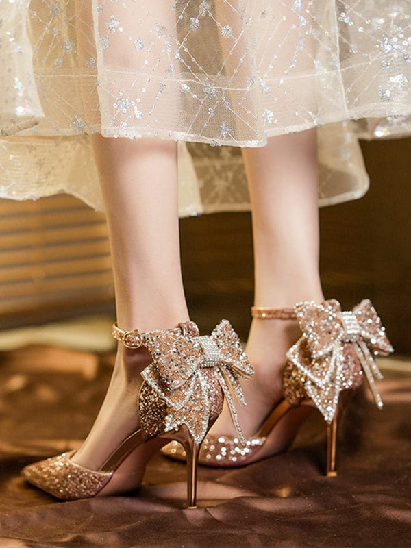 Sequin & Bow Decor Point Toe Heeled Pumps