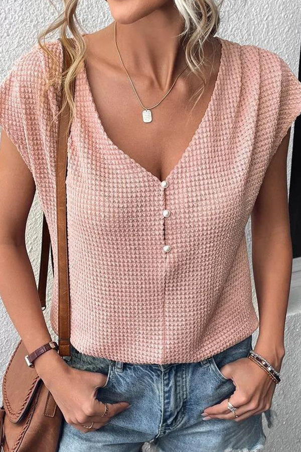Waffle Casual Solid Color V Neck Button Pullover Women's T-Shirt