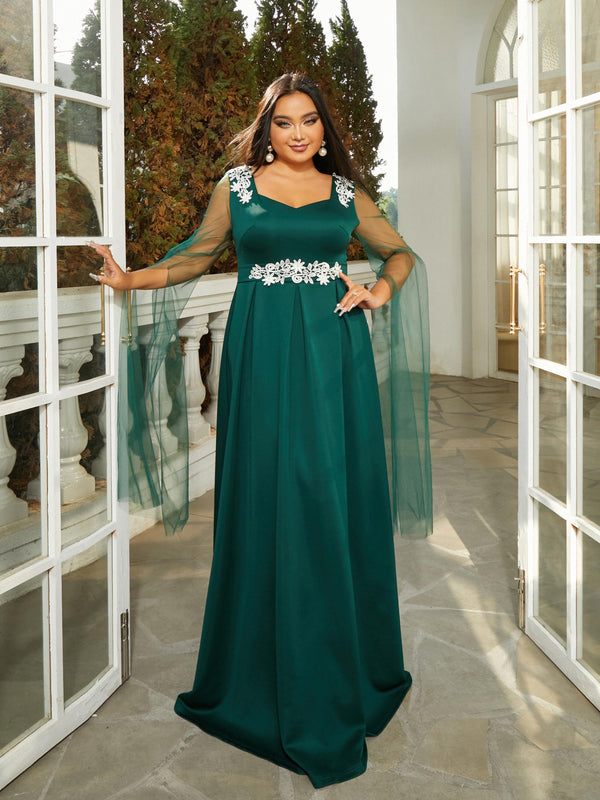 Plus Size Mesh Sleeve A-Line Emerald Green Ball Gown PRM21169