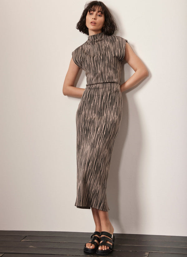 Black Jacquard Stripe Split Midi Skirt