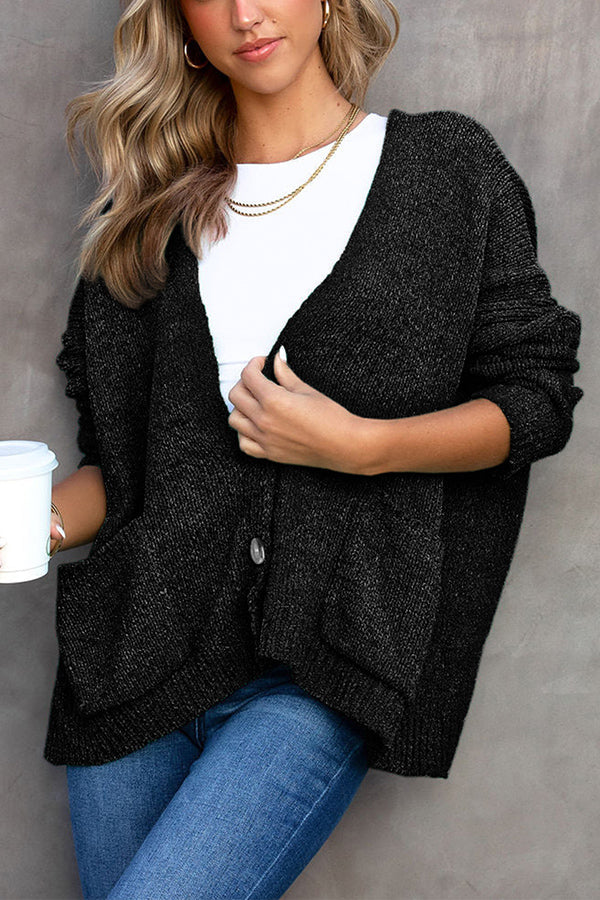 Button Front Pocketed Loose Fit Knitted Cardigan