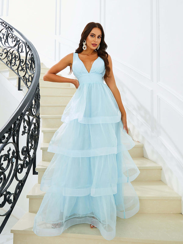 Plunge V-Neck Tiered Blue Organza Ball Gown