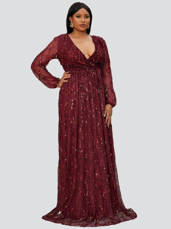 Plus Size V Neck Mesh Sleeve Red Maxi Sequin Formal Dress P0376