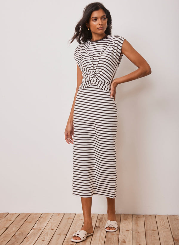 Brown Striped Jersey Twist Midi Dress