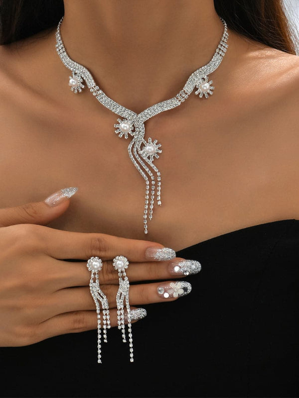 Conjunto de collar con diamantes de imitación y cristales con forma de gota de perlas brillantes