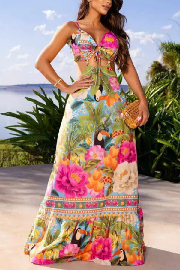 México estilo impresión tropical anillo recorte encaje hasta Maxi vestido de vacaciones