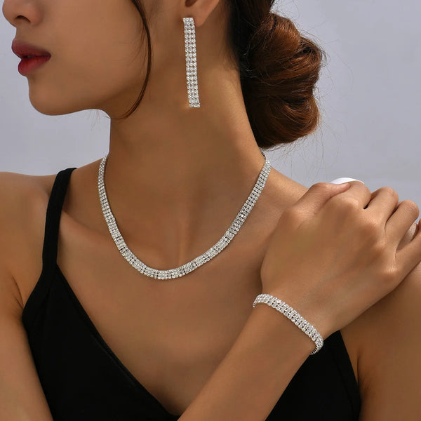 Conjunto de joyería para mujer, 4 Uds., pendientes de diamantes de imitación, collar, pulsera, accesorios de moda de lujo para fiesta de boda