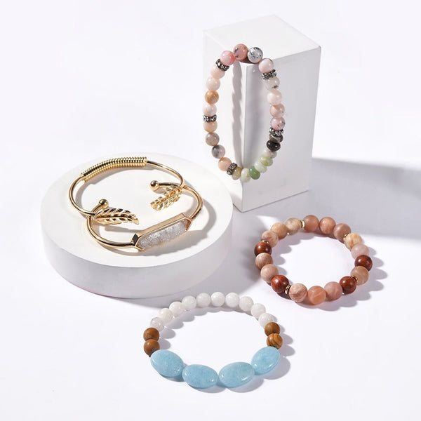 5 Pcs/set Natural Semi-precious Stone Metal Bracelets Charm Jewelry Set