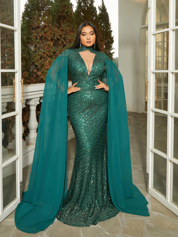 Plus Size Cutout Mermaid Green Sequin Prom Dress PRJ10455