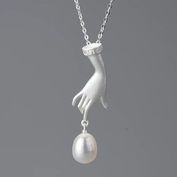 925 Sterling Silver Pearl Hand Pendant Necklace Charm Jewelry