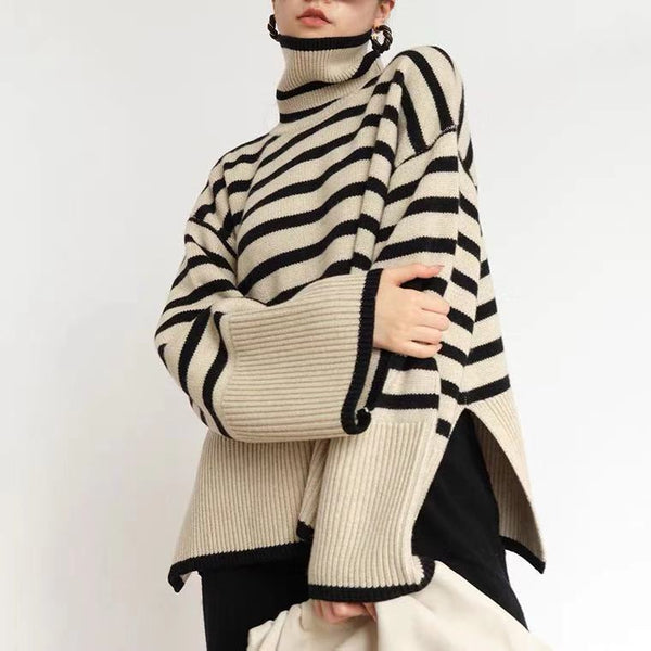 Striped Turtleneck Sweater Women's New Spring Autumn Loose Knitwear 326