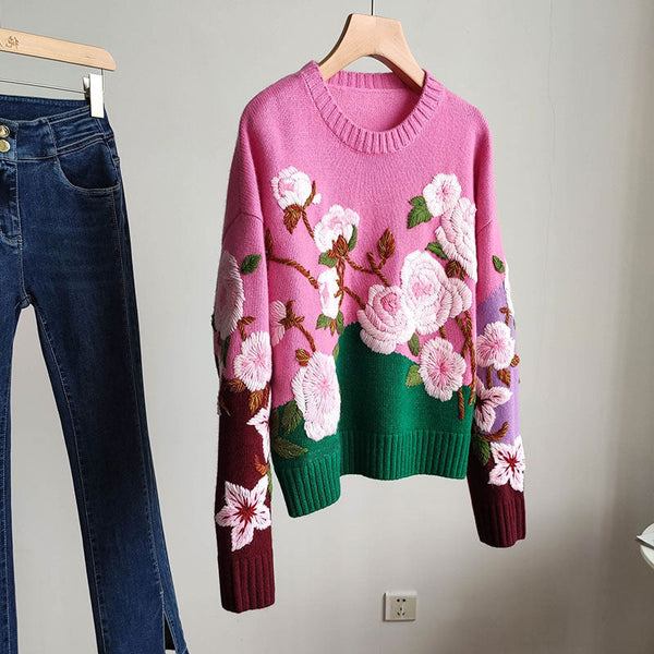 Suéter de otoño Suéter de primavera perezoso suelto con flores 3D 722