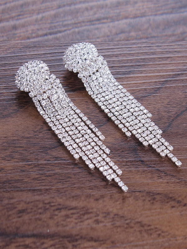 Metal Inlay Rhinestone Tassel Earrings
