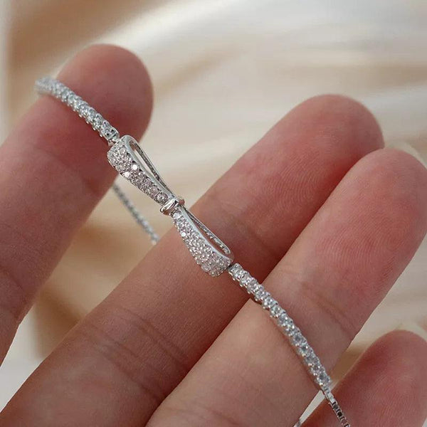 Bracelet Charm Jewelry 925 Sterling Silver Adjustable Chain Crystal Bowknot Bangle