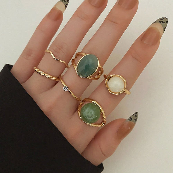 Charm Jewelry Set Vintage Geometric Acrylic Alloy Joint Ring Set Bohemian Metal Curved Finger Ring Fashion