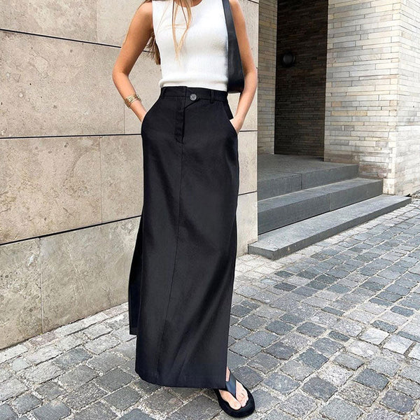 Falda larga con abertura y bolsillo lateral de cintura alta de estilo clásico - Negro