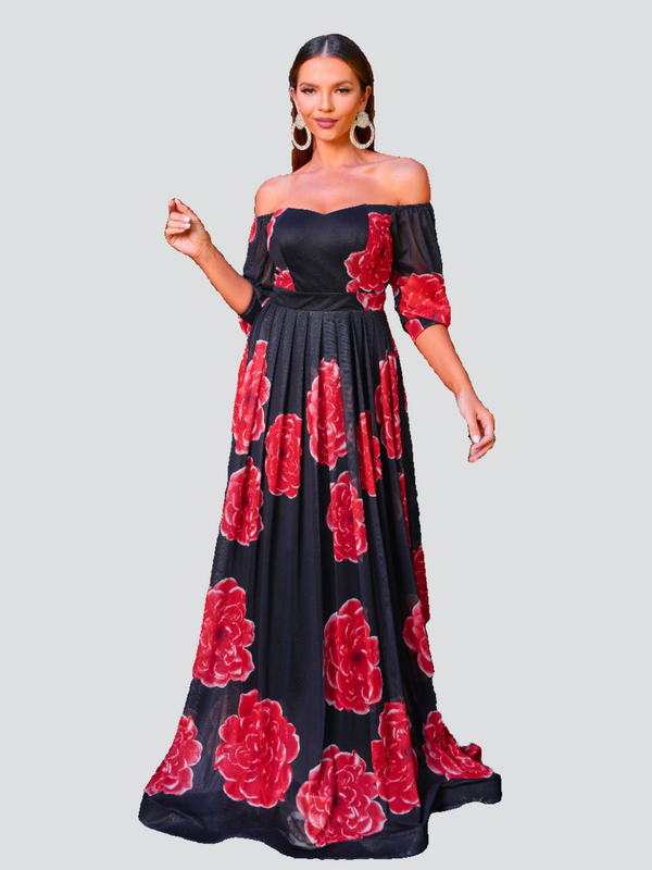 Off Shoulder A-line Tulle Black Floral Print Dress