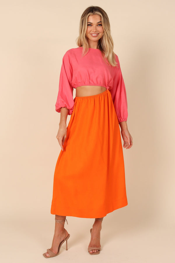 Affection Mid Sleeve Waist Cutout Midi Dress - Pink/Orange
