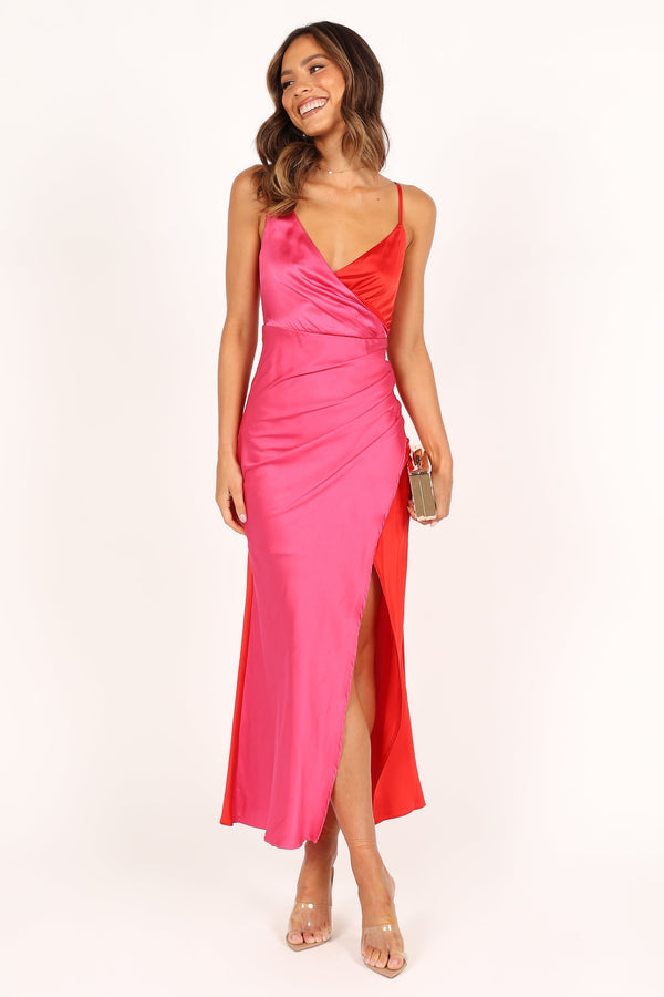 Lipa Colourblock Midi Slip Dress - Pink/Red