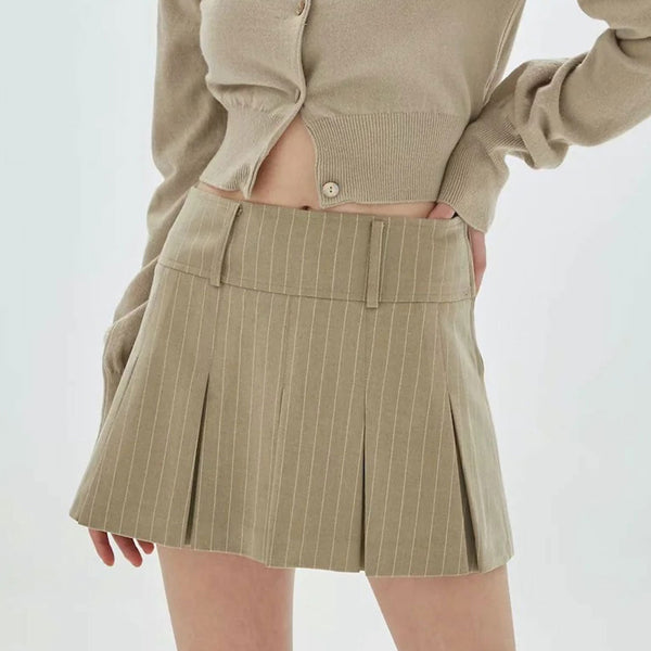 Minifalda Plisada De Cintura Alta Con Estampado De Rayas De Estilo Preppy - Caqui