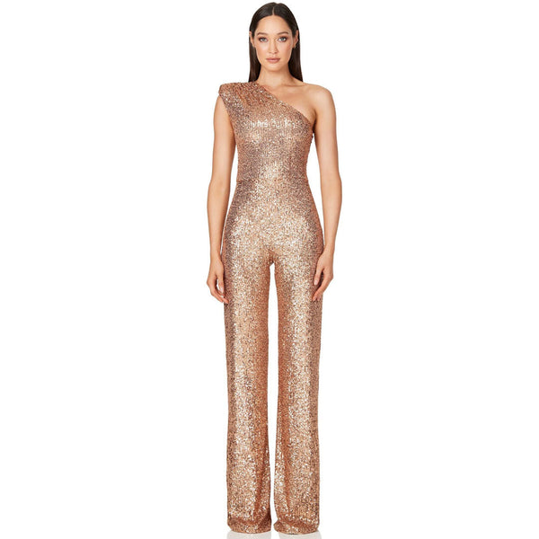 Sparkly Sequin Padded One Shoulder Wide Leg Disco Jumpsuit -Champagne