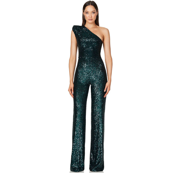 Sparkly Sequin Padded One Shoulder Wide Leg Disco Jumpsuit - Emerald Green