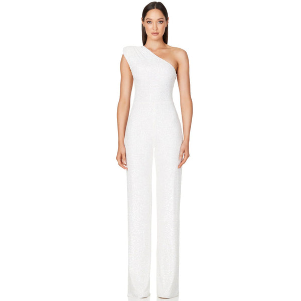 Sparkly Sequin Padded One Shoulder Wide Leg Disco Jumpsuit - White
